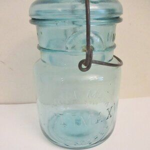 Vintage CLIMAX Clear Blue Aqua Glass Mason Style Jar, Wire Bale, Glass Lid